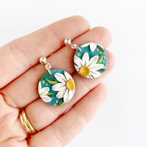 Teal Daisies Medium Circle Dangle Earrings