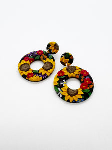 Sunflower Bouquet Circle Cut-out Dangle Earrings