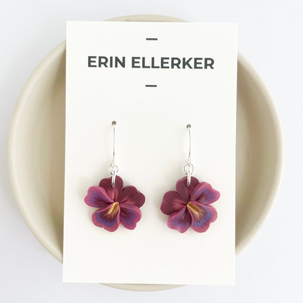 Pansy Blossom Dangles in Burgandy/Blue