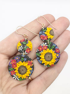 Sunflower Bouquet Double-Circle Dangle Earrings