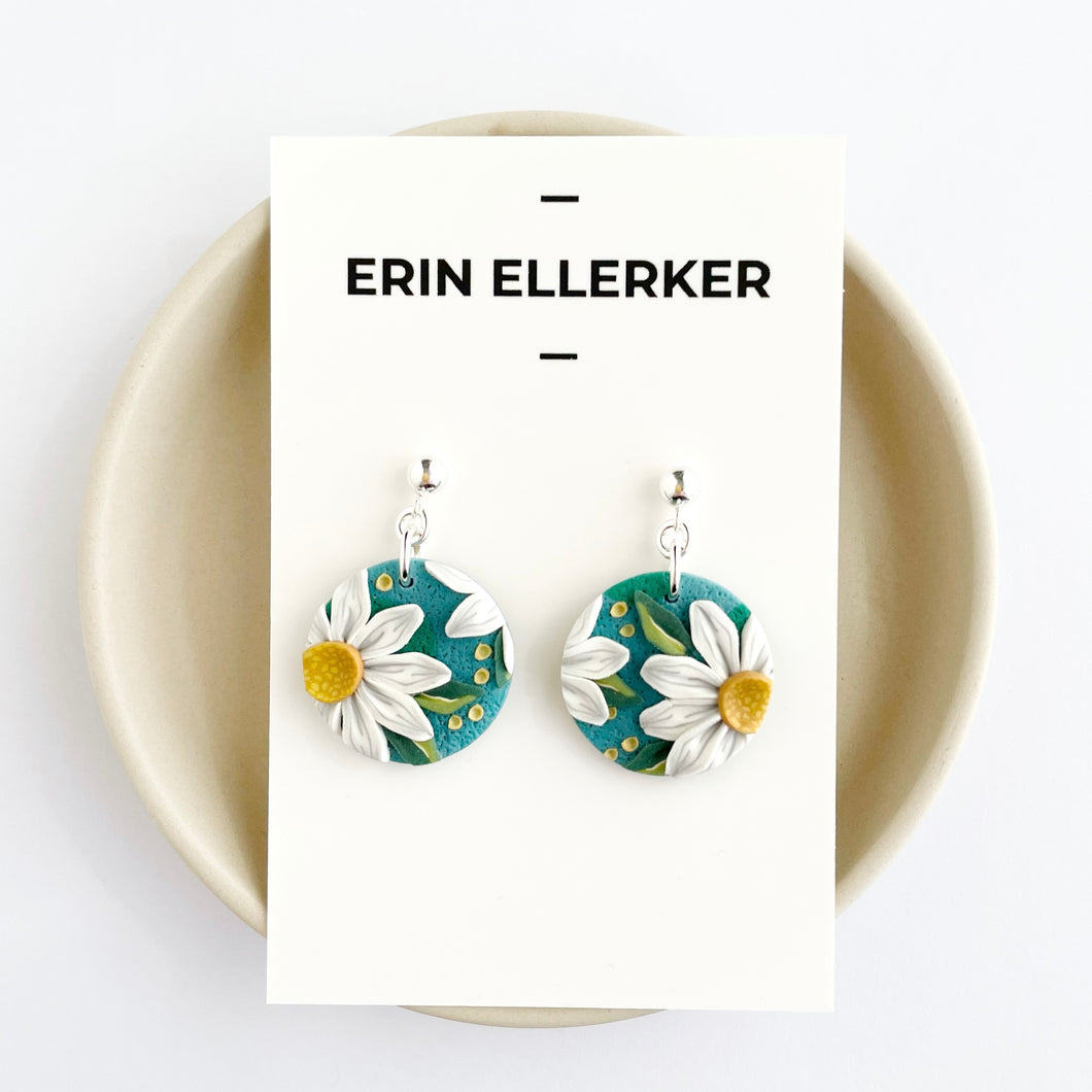 Teal Daisies Medium Circle Dangle Earrings