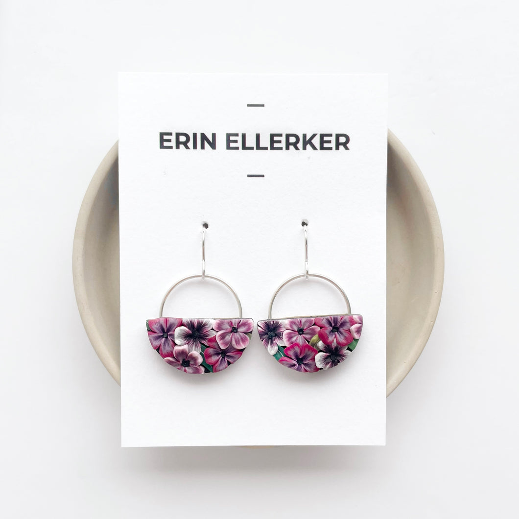 Magenta & Black Silver Half Circle Dangle Earrings