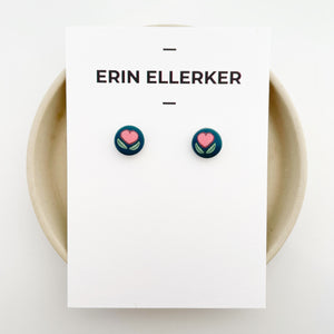 Pink Flowering Hearts Mini Circle Stud Earrings
