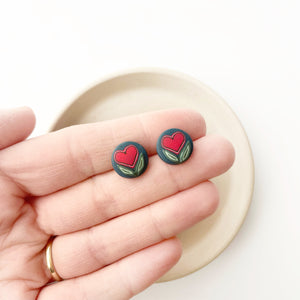 Red Flowering Hearts Circle Stud Earrings