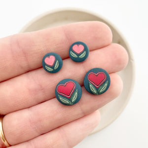 Pink Flowering Hearts Mini Circle Stud Earrings